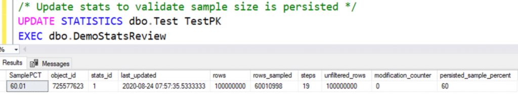 Persist Sample Percent holds and the sample percent is still 60%