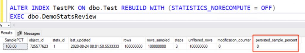 BOOM! Persisted Sample Percent is reset to ZERO on a Index Rebuild. Large tables have 1% or lower sample rate used going forward...